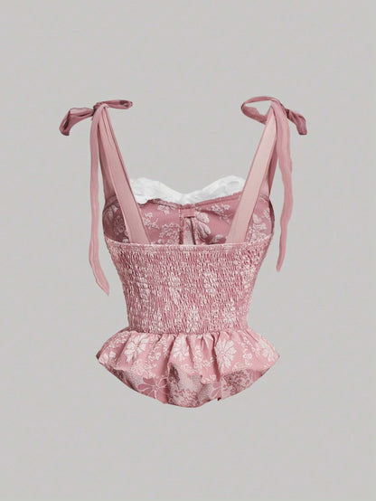 SHEIN MOD Top Corto Estilo Cami Con Dobladillo Con Volantes Decorado Con Flores Y Apliques