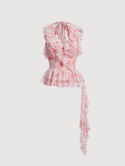 SHEIN MOD Top De Cuello Halter Con Estampado De Rosas Y Ribete Con Volantes Y Lazada Trasera
