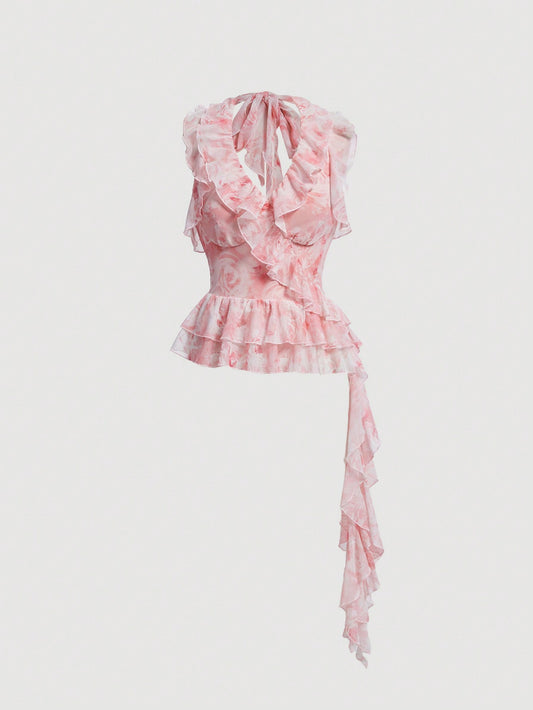 SHEIN MOD Top De Cuello Halter Con Estampado De Rosas Y Ribete Con Volantes Y Lazada Trasera