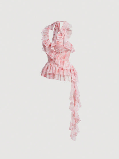 SHEIN MOD Top De Cuello Halter Con Estampado De Rosas Y Ribete Con Volantes Y Lazada Trasera