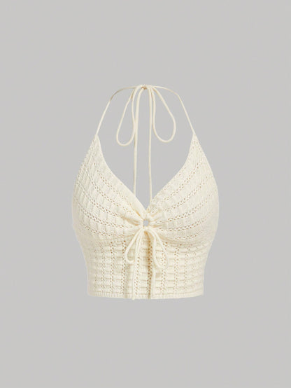 SHEIN MOD Top De Punto De Color Sólido Con Cuello Halter Y Cordón Para Mujeres