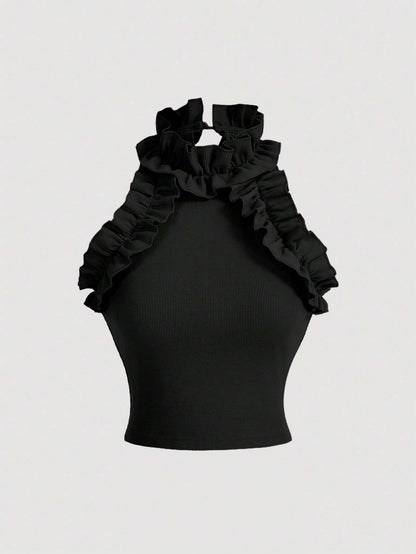 SHEIN MOD Top Halter De Cuello Con Volantes Y Un Solo Color Para Mujer, Ideal Para El Verano