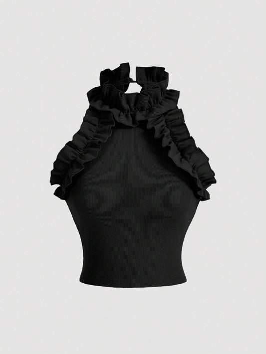 SHEIN MOD Top Halter De Cuello Con Volantes Y Un Solo Color Para Mujer, Ideal Para El Verano