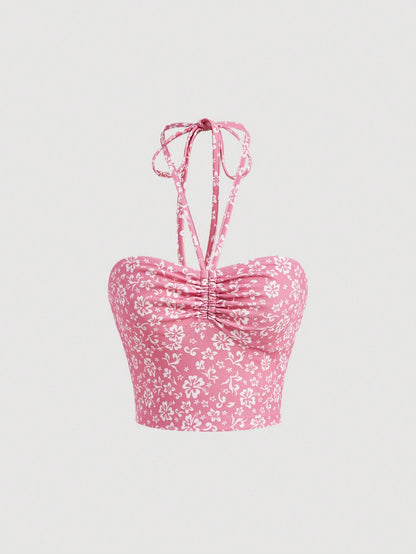 SHEIN MOD Top Rosa Corto De Verano Con Diseño De Flores En Todo El Ruched Y Cuello Halter