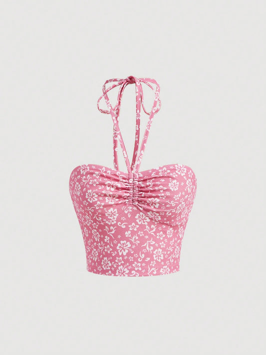 SHEIN MOD Top Rosa Corto De Verano Con Diseño De Flores En Todo El Ruched Y Cuello Halter