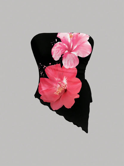 SHEIN MOD Top bandeau ajustado con estampado floral asimétrico, apropiado para el verano, vacaciones, elegante, estampado de flores de hibisco, estampado de Hawai