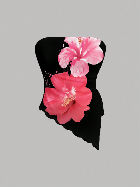 SHEIN MOD Top bandeau ajustado con estampado floral asimétrico, apropiado para el verano, vacaciones, elegante, estampado de flores de hibisco, estampado de Hawai