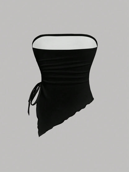 SHEIN MOD Top bandeau ajustado con estampado floral asimétrico, apropiado para el verano, vacaciones, elegante, estampado de flores de hibisco, estampado de Hawai