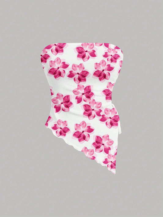 SHEIN MOD Top bandeau con estampado floral minimalista y bajo asimétrico para mujer