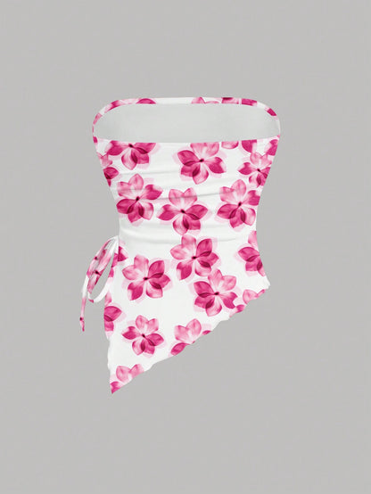 SHEIN MOD Top bandeau con estampado floral minimalista y bajo asimétrico para mujer