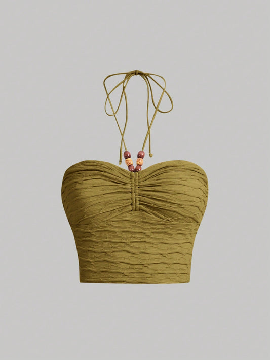 SHEIN MOD Top boho halter con tirantes posteriores sin espalda, plisado y con adornos