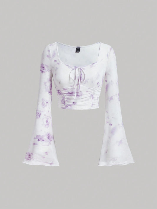SHEIN MOD Top corto con manga acampanada y lazo delantero con estampado floral