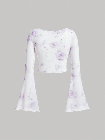 SHEIN MOD Top corto con manga acampanada y lazo delantero con estampado floral