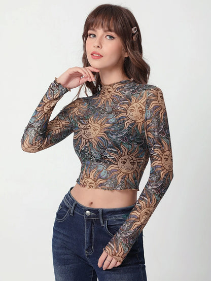 SHEIN MOD Top crop con estampado de sol y luna ribete en forma de lechuga de cuello alto
