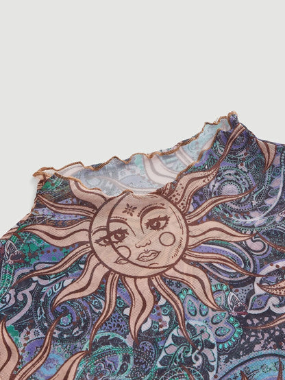 SHEIN MOD Top crop con estampado de sol y luna ribete en forma de lechuga de cuello alto