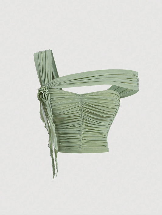 SHEIN MOD Top de tanque para mujeres en color verde menta con correas de hombro asimétricas, tela elástica de malla y decoración floral en 3D