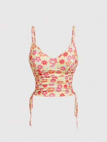 SHEIN MOD Top de tirantes con estampado floral con cordón lateral