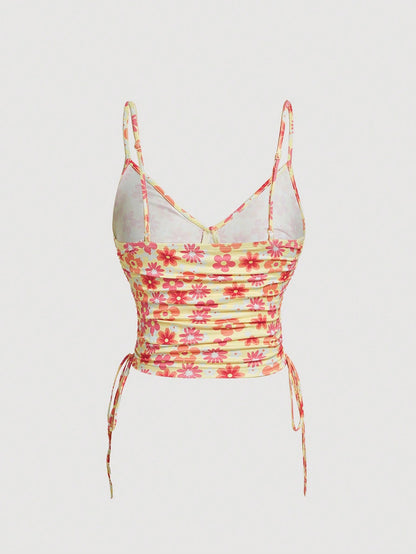 SHEIN MOD Top de tirantes con estampado floral con cordón lateral