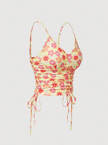 SHEIN MOD Top de tirantes con estampado floral con cordón lateral