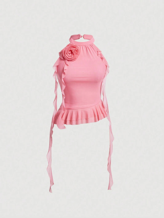 SHEIN MOD Top de tirantes vintage sin mangas en 3D, con correa de flores para mujer, color albaricoque, ajuste ceñido
