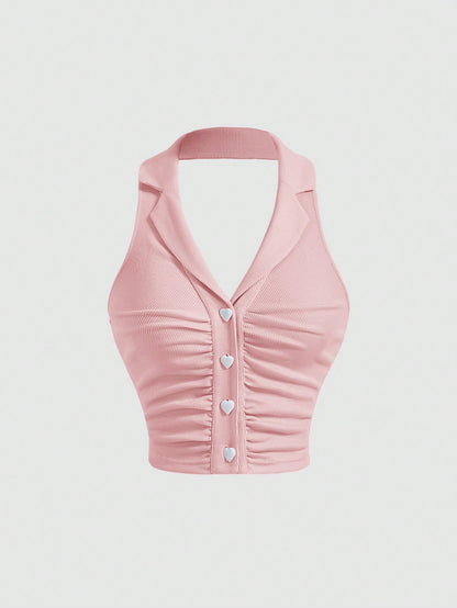 SHEIN MOD Top halter fruncido con botón delantero