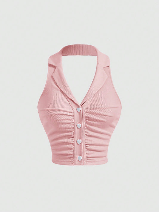 SHEIN MOD Top halter fruncido con botón delantero