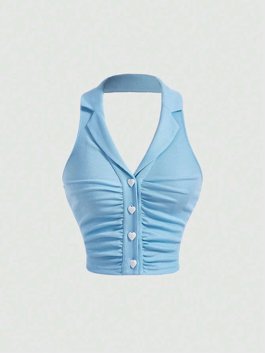 SHEIN MOD Top halter fruncido con botón delantero
