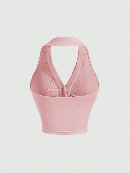 SHEIN MOD Top halter fruncido con botón delantero