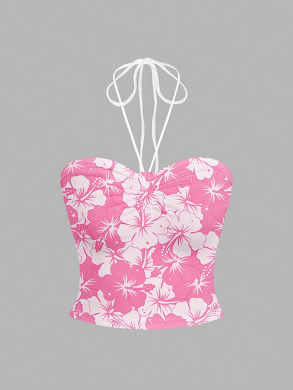 SHEIN MOD Top sin mangas con fruncido en el busto y estampado floral de corte halter, apropiado para el verano
