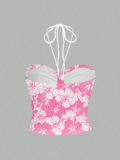 SHEIN MOD Top sin mangas con fruncido en el busto y estampado floral de corte halter, apropiado para el verano