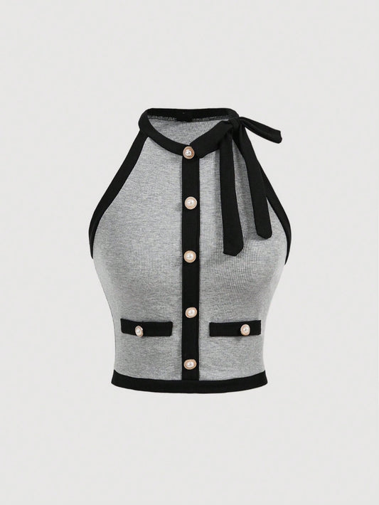 SHEIN MOD Top sin mangas de cuello redondo para mujer con decoración de botones y lazo en blanco y negro, estilo patchwork, perfecto para una cita nocturna