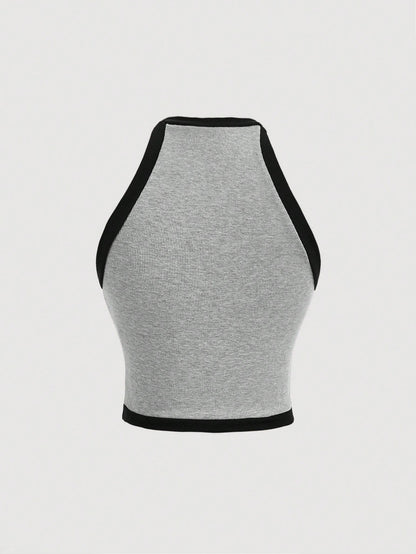 SHEIN MOD Top sin mangas de cuello redondo para mujer con decoración de botones y lazo en blanco y negro, estilo patchwork, perfecto para una cita nocturna