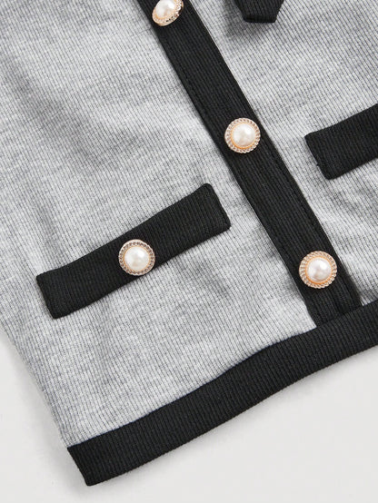 SHEIN MOD Top sin mangas de cuello redondo para mujer con decoración de botones y lazo en blanco y negro, estilo patchwork, perfecto para una cita nocturna