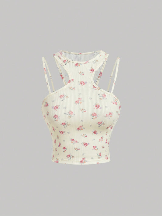 SHEIN MOD Verano top sin mangas con diseño floral lindo con hombros descubiertos, top atractivo para salir
