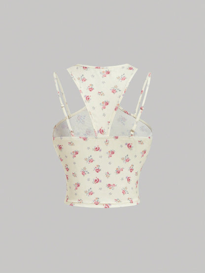 SHEIN MOD Verano top sin mangas con diseño floral lindo con hombros descubiertos, top atractivo para salir