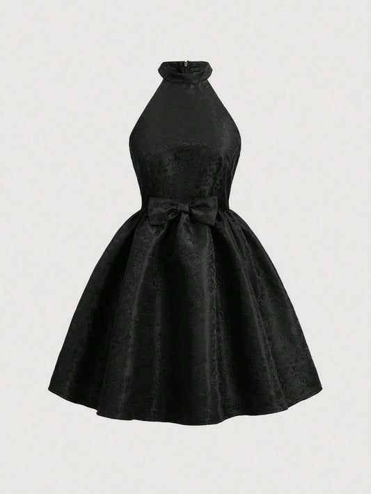 SHEIN MOD Vestido Con Cuello Halter En Jacquard Y Adornos De Lazo