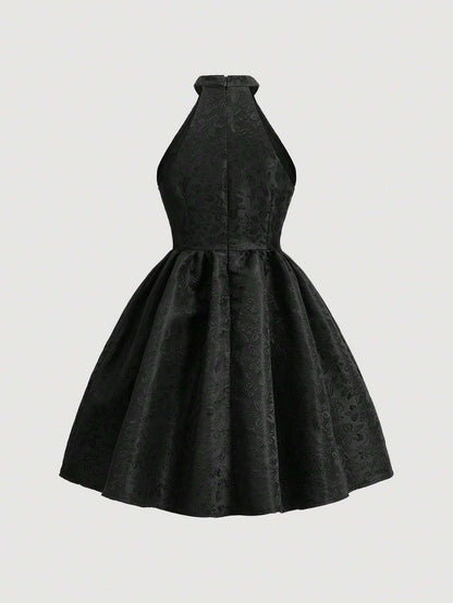 SHEIN MOD Vestido Con Cuello Halter En Jacquard Y Adornos De Lazo