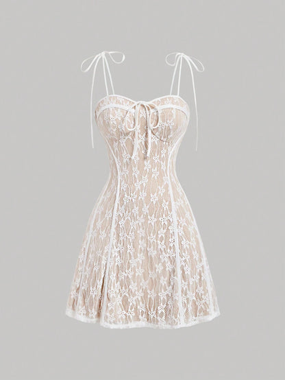 SHEIN MOD Vestido blanco ajustado al Body con textura de encaje, dobladillo de sirena, tirantes de hombro con lazo y detalle de varillas, línea A, para mujeres