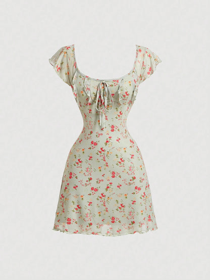 SHEIN MOD Vestido casual para mujer con cuello redondo y pliegues en el pecho con estampado vintage de flores