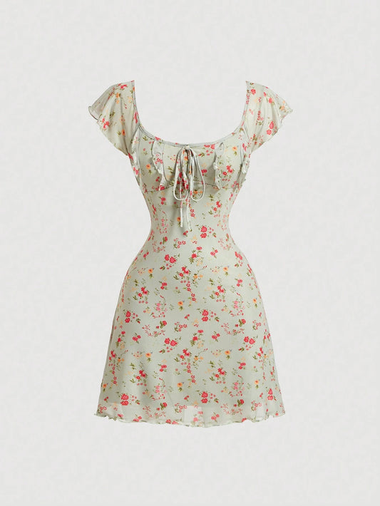SHEIN MOD Vestido casual para mujer con cuello redondo y pliegues en el pecho con estampado vintage de flores
