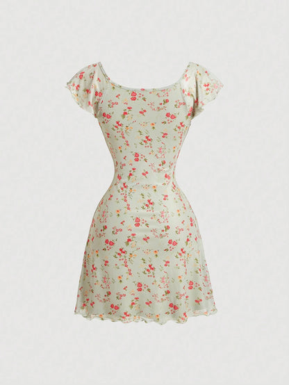 SHEIN MOD Vestido casual para mujer con cuello redondo y pliegues en el pecho con estampado vintage de flores