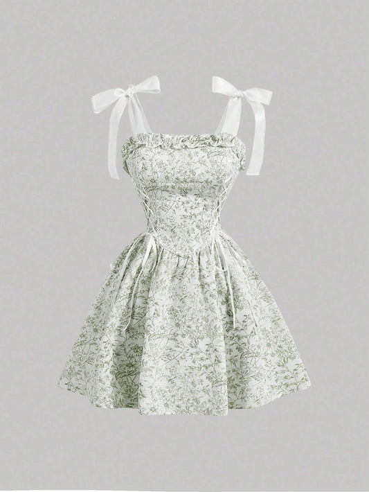 SHEIN MOD Vestido de corte vintage ajustado en la cintura con estampado floral rosa, vestido para graduación, vestido para fiesta de té