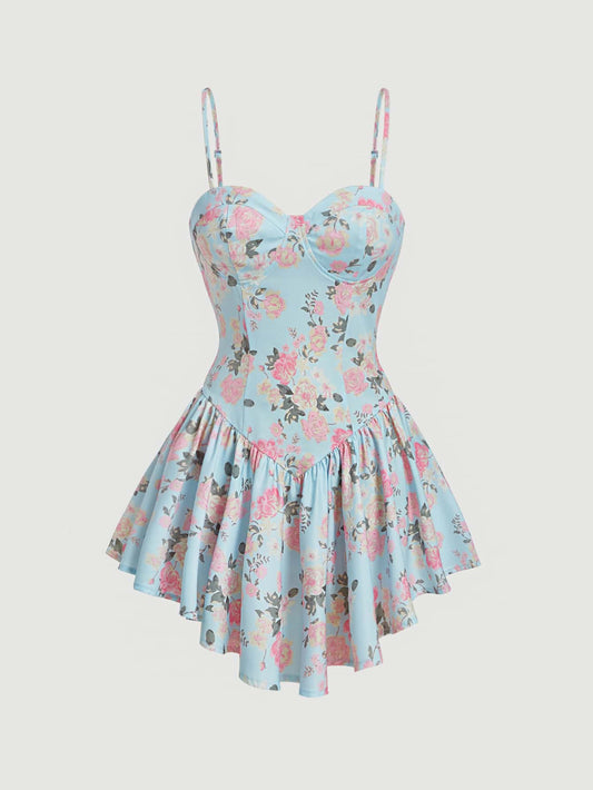SHEIN MOD Vestido de tirantes con estampado floral bajo con fruncido