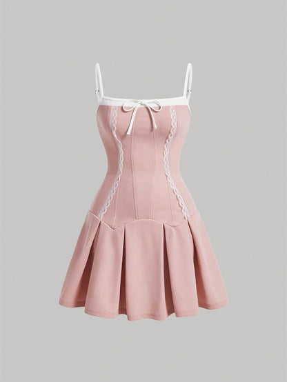 SHEIN MOD Vestido de tirantes con nudos de lazo suave de encaje y dobladillo con ribete de volantes para el verano