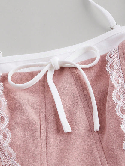 SHEIN MOD Vestido de tirantes con nudos de lazo suave de encaje y dobladillo con ribete de volantes para el verano