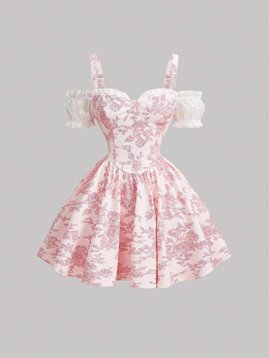 SHEIN MOD Vestido de tirantes espagueti de hombro abierto para mujer con estampado floral
