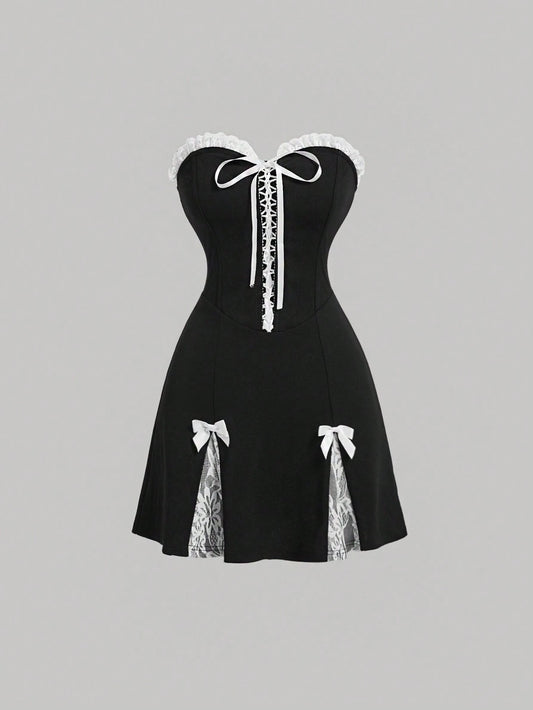 SHEIN MOD Vestido de verano negro sin tirantes con estilo vintage de ballet corte y parches de encaje y moño