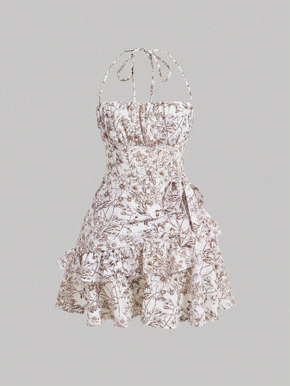 SHEIN MOD Vestido halter con estampado floral ribete con fruncido de espalda abierta con cordón