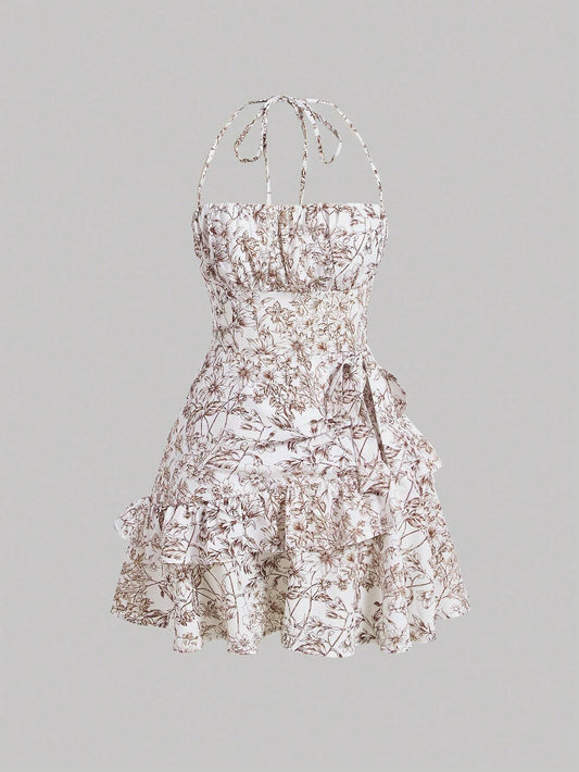 SHEIN MOD Vestido halter con estampado floral ribete con fruncido de espalda abierta con cordón