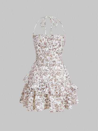 SHEIN MOD Vestido halter con estampado floral ribete con fruncido de espalda abierta con cordón